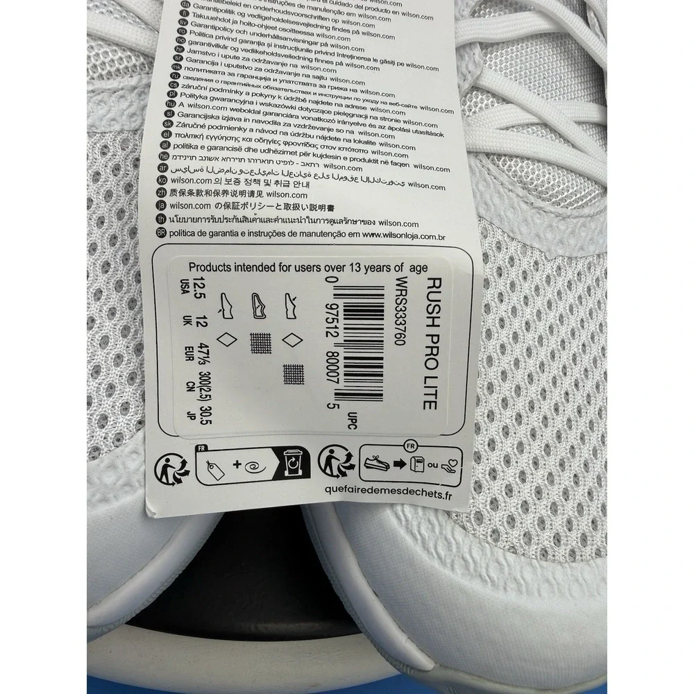 Wilson Rush‎ Pro Lite Mens Size 12.5 White Gray Tennis Shoes Pickleball Sneakers